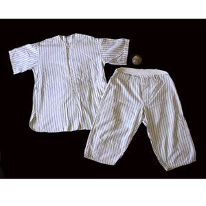 ca 1930s striped Baseball uniform and leather baseball, Sport collectible mens L